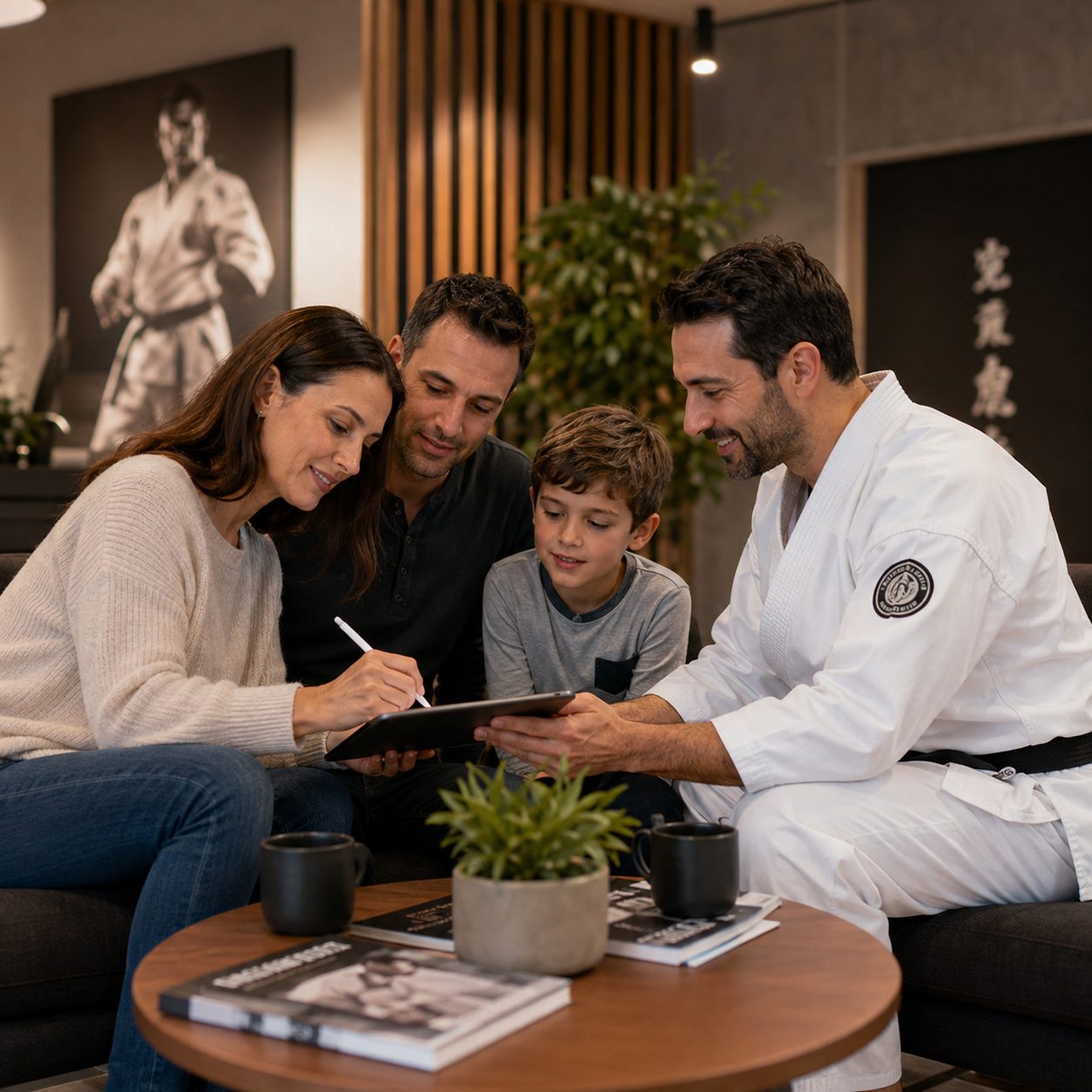 Familie unterschreibt digitalen Vertrag mit dem Schulleiter im Dojo