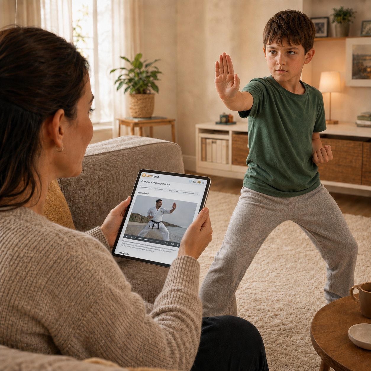 Mutter und Kind üben mit dem budoo Campus auf einem Tablet zu Hause